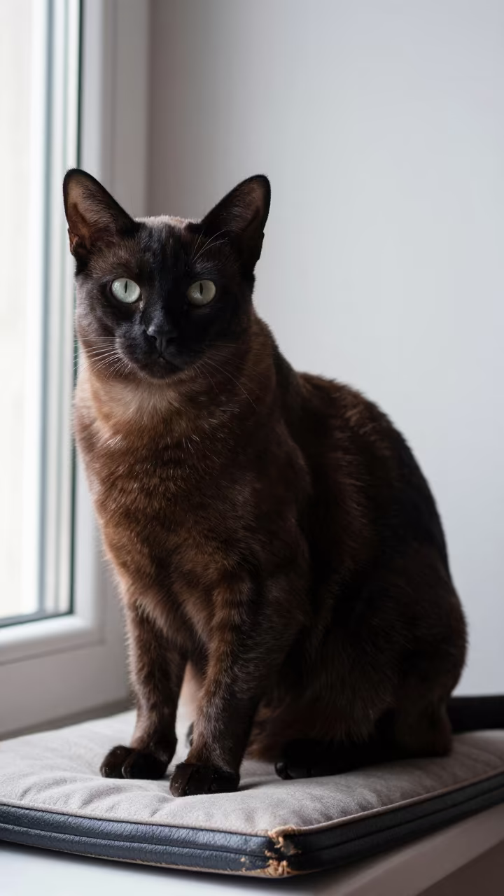 Bombay Cat Portrait on Window Seat in Breda in on a cushioned window seat with soft side light and an uncluttered background near Breda