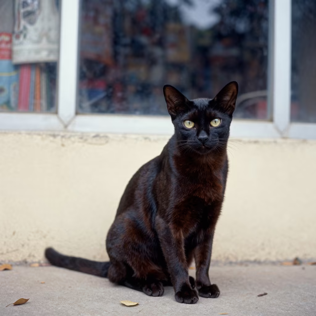 Bombay Cat Portrait With Defining Coat And Face in beside a plain courtyard wall in clear daylight with the animal at eye level in Naypyidaw
