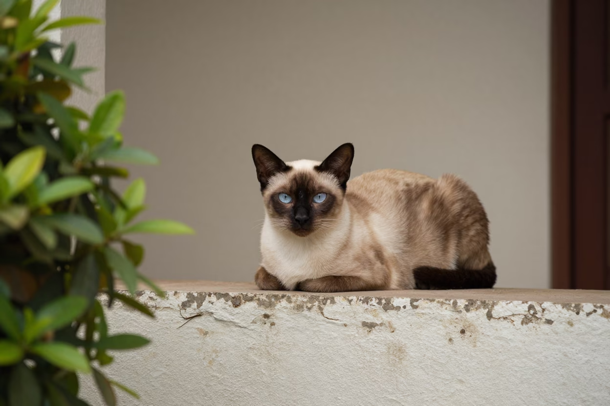 Bombay Cat Resting on Shaded Porch Ledge in beside a plain courtyard wall in clear daylight with the animal at eye level near Santiago