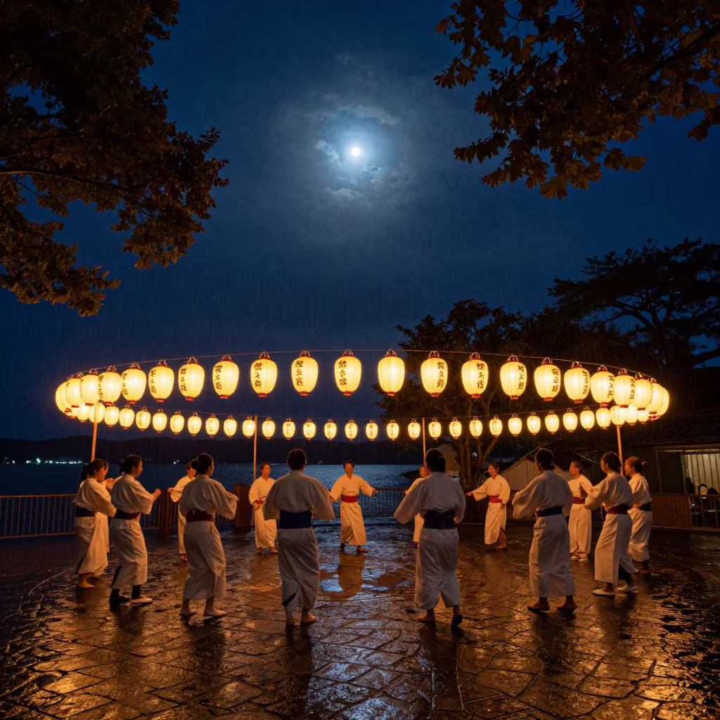 Bon Festival Dance Circle Under Moonlight in Santa Fe in at a waterfront celebration in Santa Fe