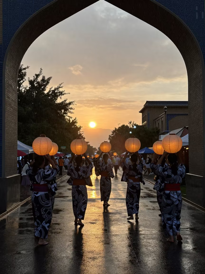 Bon Festival Silhouette Lantern Circle in at a festival street procession in Taldyqorğan