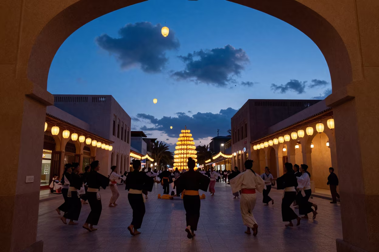 Bon Festival Silhouette in Muscat Twilight in at a festival street procession in Muscat