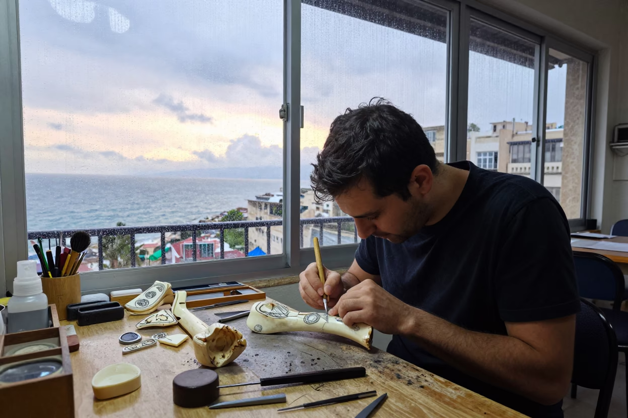 Bone Carver Etching Scrimshaw in Haifa in in Haifa