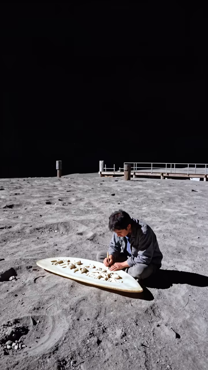 Bone Carver Etching Scrimshaw Moon Harbor in at a harbor edge in Kota