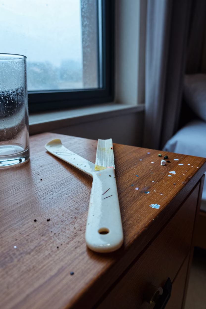 Bone Folder on Paint Spattered Table Dawei in on a hotel dresser in Dawei