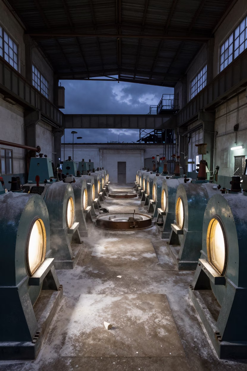 Bone Meal Grinding at Midnight in Havana in in a turbine hall near Havana