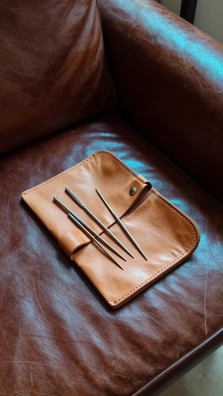 Bone Needles in Leather Pouch on Ningbo Chair in on a worn leather armchair in Ningbo
