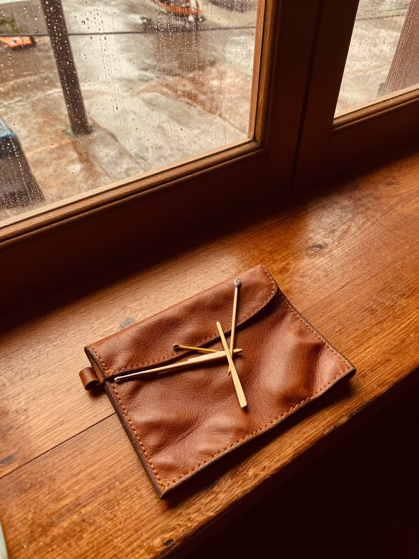 Bone Needles in Leather Pouch Near Rain Window in beside a rain-streaked window near Malindi