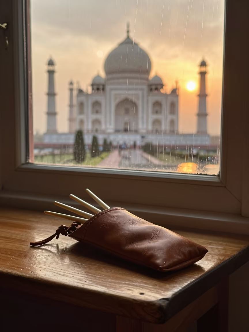 Bone Needles and Upward Rain in Agra in beside a rain-streaked window in Agra
