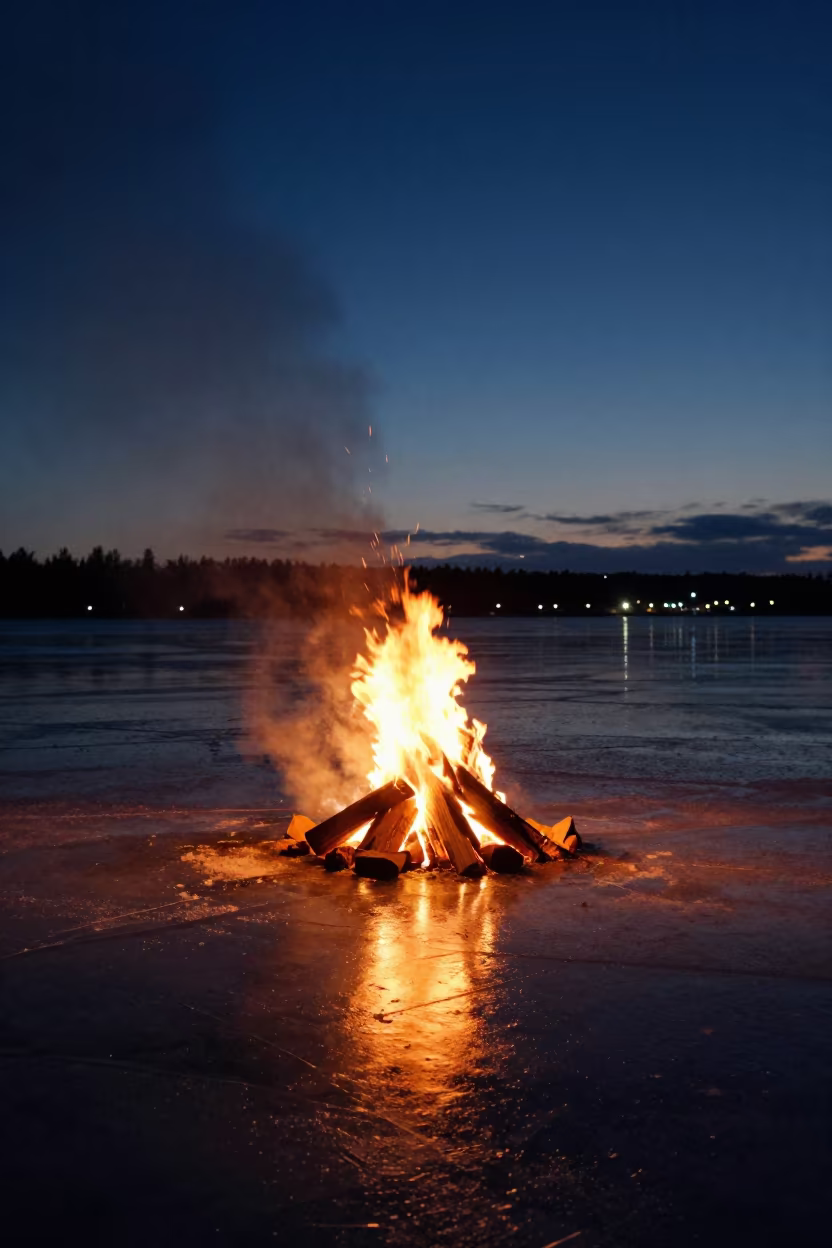 Bonfire Flames Reflected on Frozen River Ice in under the clearest stretch of sky in Ontario