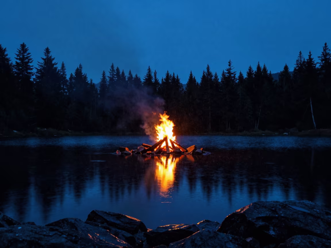Bonfire Silhouette Reflected in Highland Loch in from a quiet alpine saddle in Panama