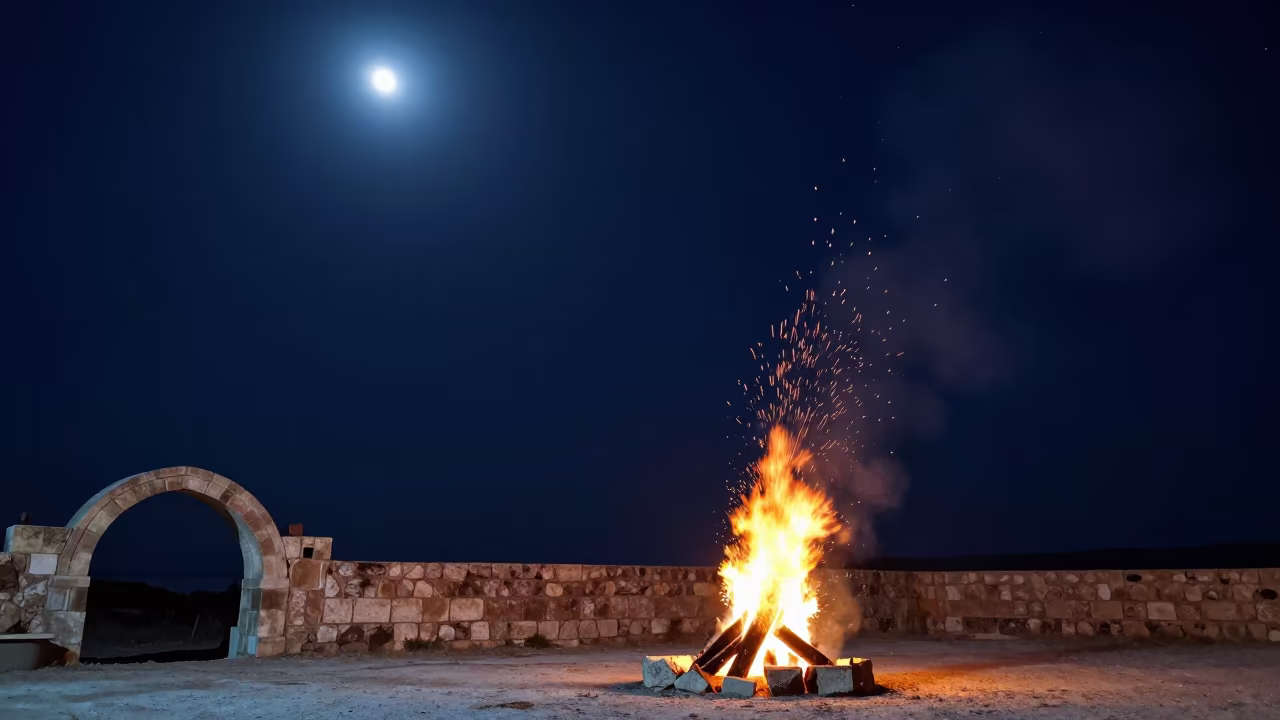 Bonfire Sparks Rising Under Stars Near Latakia in under a band of cold starlight near Latakia