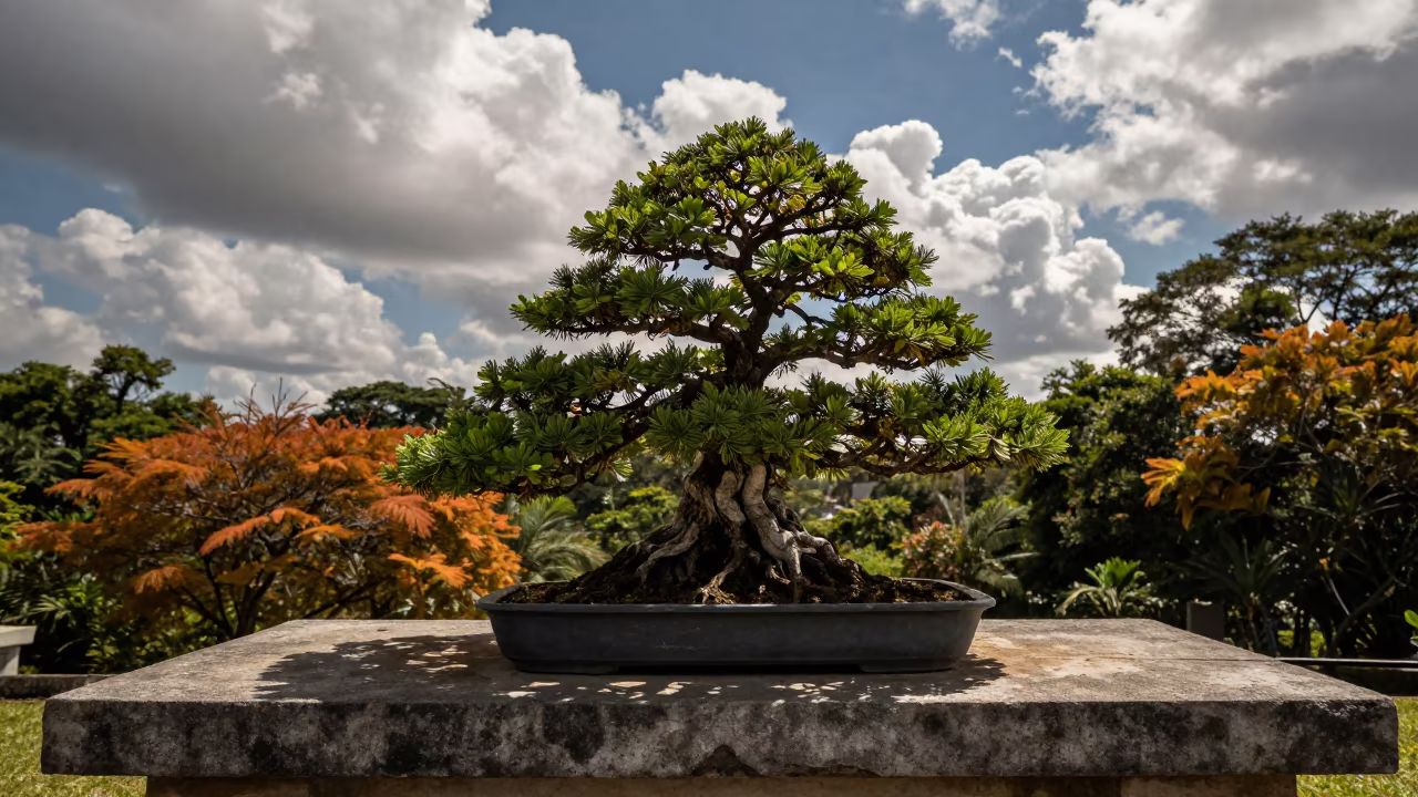 Bonsai Juniper on Stone in Late Afternoon Light in in São Paulo state