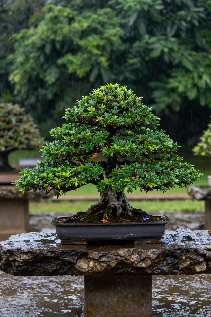 Bonsai Juniper on Stone in Wet Season Colombia in in Colombia