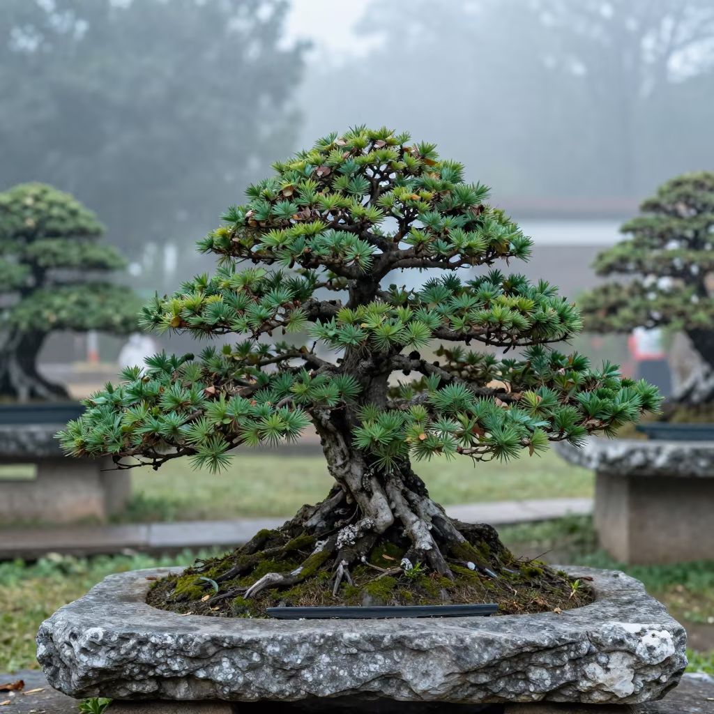 Bonsai Juniper on Stone Slab Morning Light in among terraced garden plots near San Luis Potosí