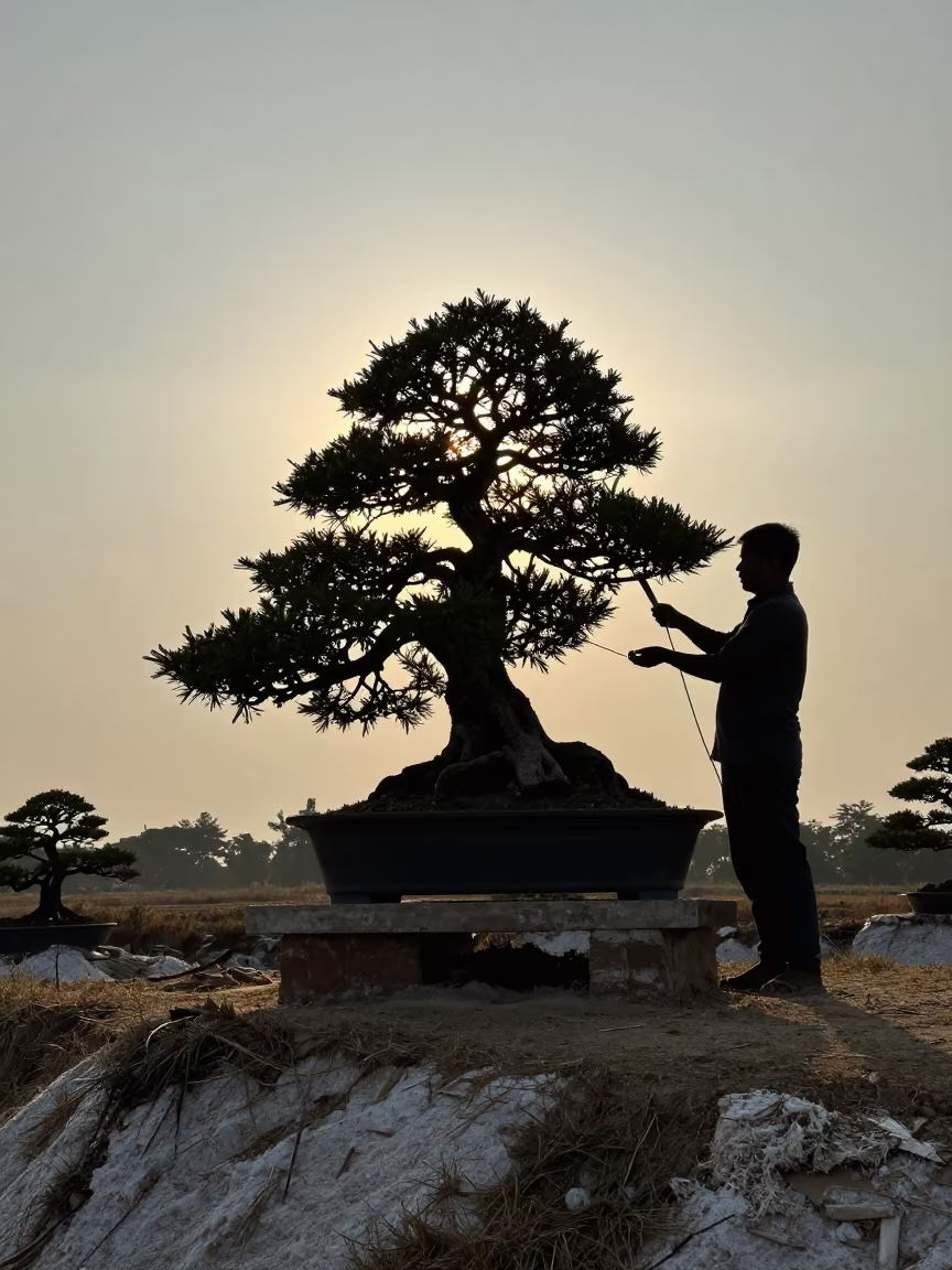 Bonsai Master Silhouette Wiring Juniper on Dhaka Cliff in along a salt-sprayed cliff edge near Gulshan, Dhaka