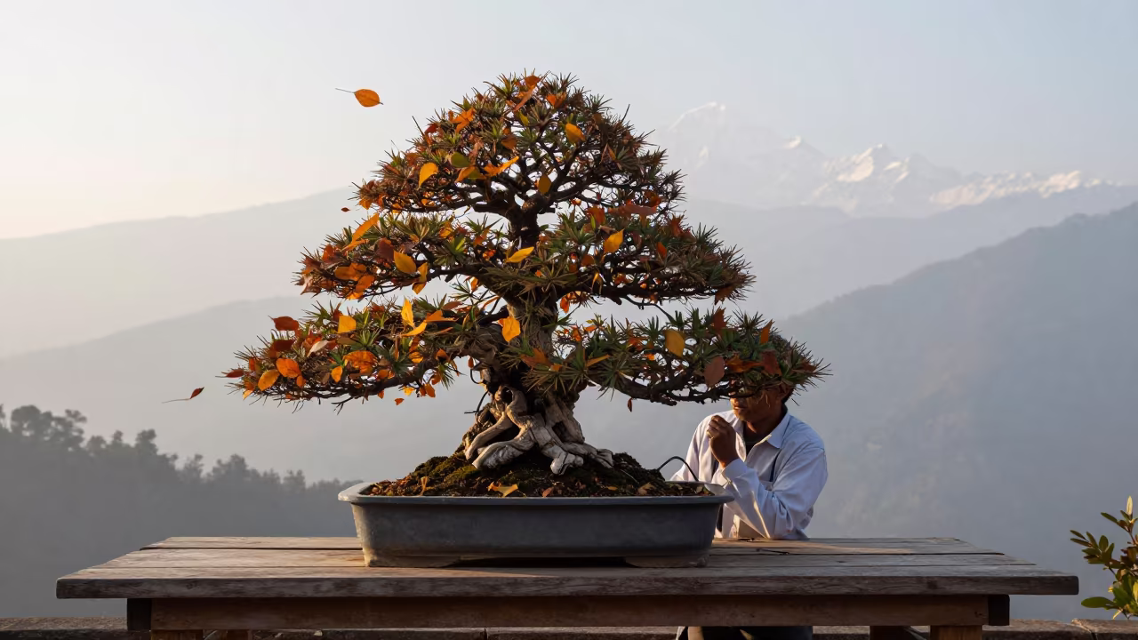 Bonsai Master Wires Cascade Juniper at Dawn in near Kathmandu