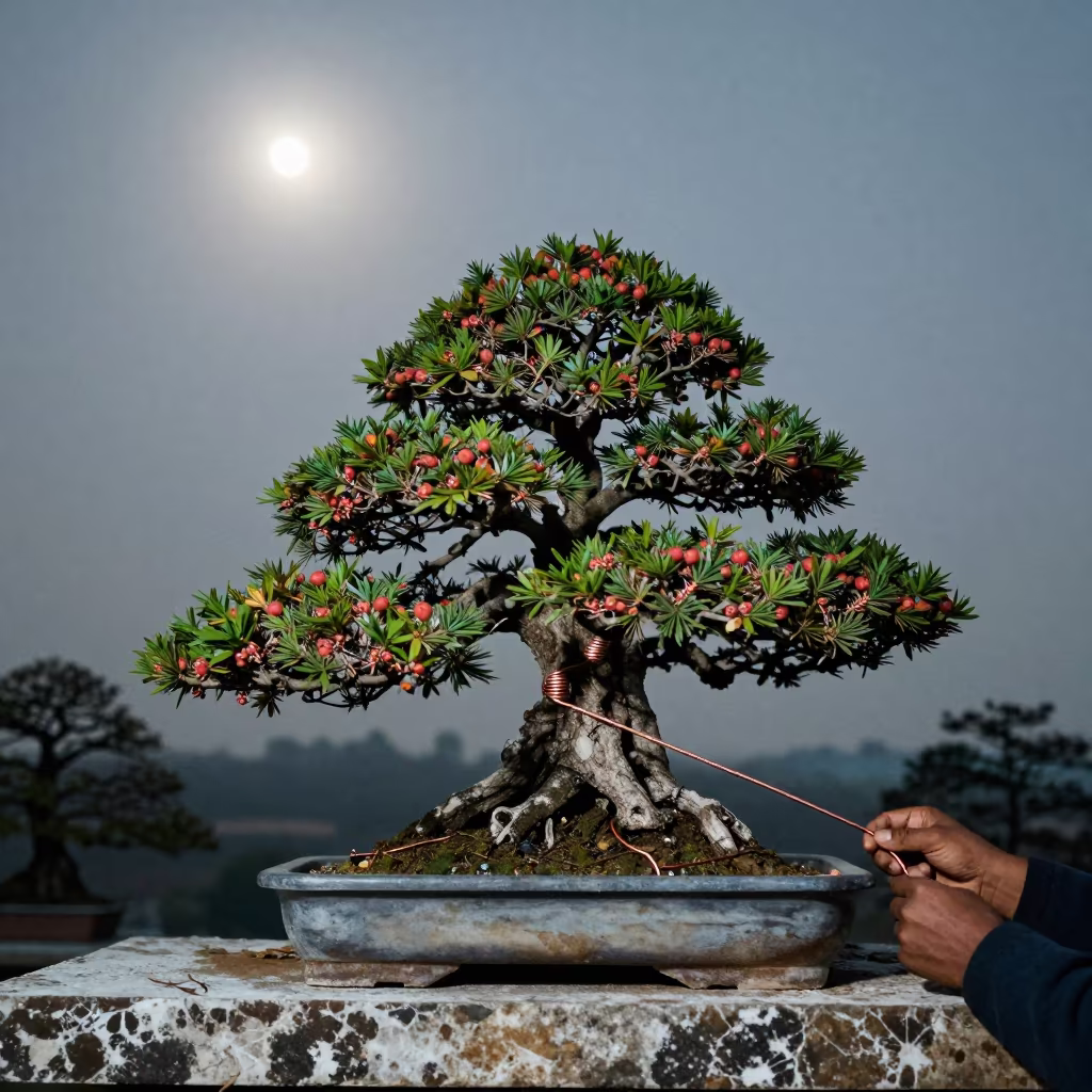 Bonsai Master Wires Cascade Juniper Moonlight in along a salt-sprayed cliff edge near Chandigarh