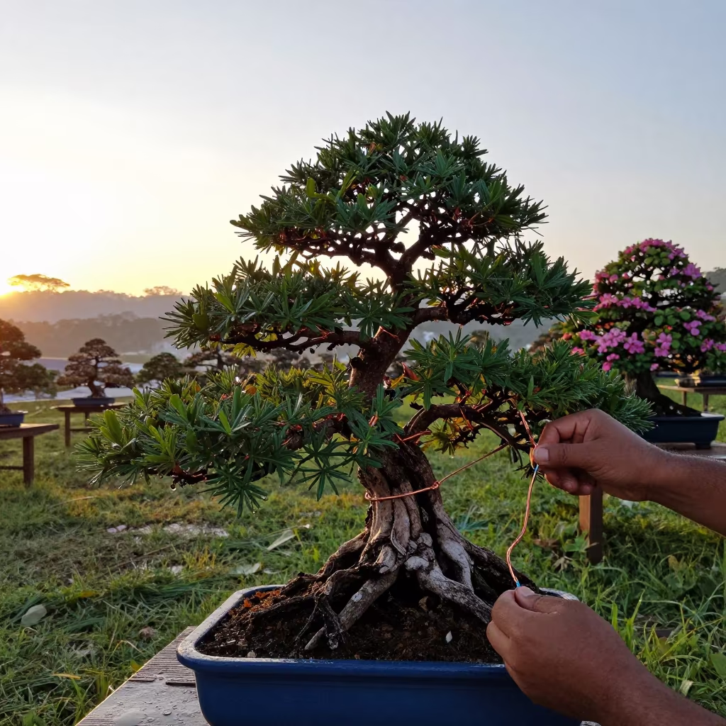 Bonsai Master Wires Juniper at Dawn in in a bloom-heavy meadow near Ouro Preto