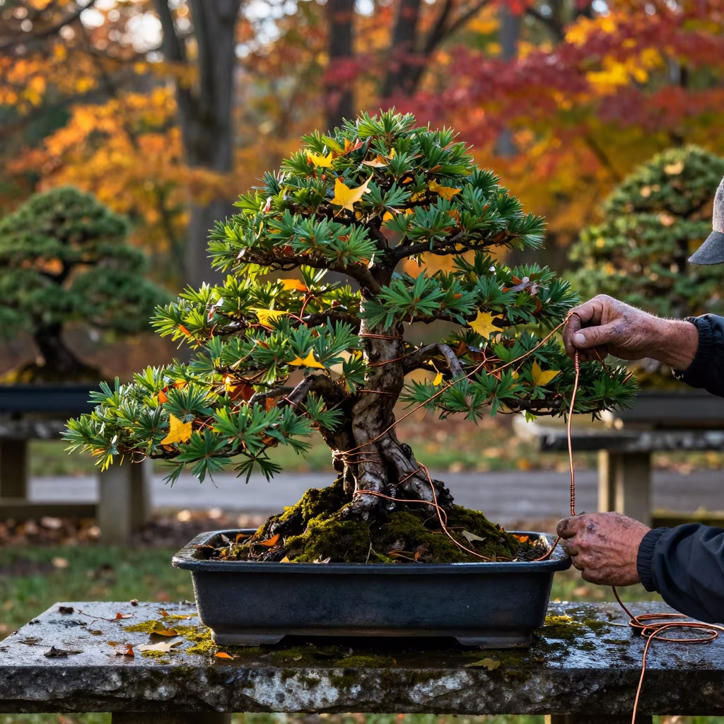 Bonsai Master Wiring Cascade Juniper in Ohio Autumn in in Ohio