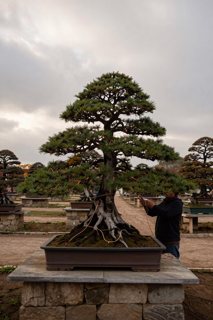 Bonsai Master Wiring Cascade Juniper in Terraced Garden in among terraced garden plots near Chlef