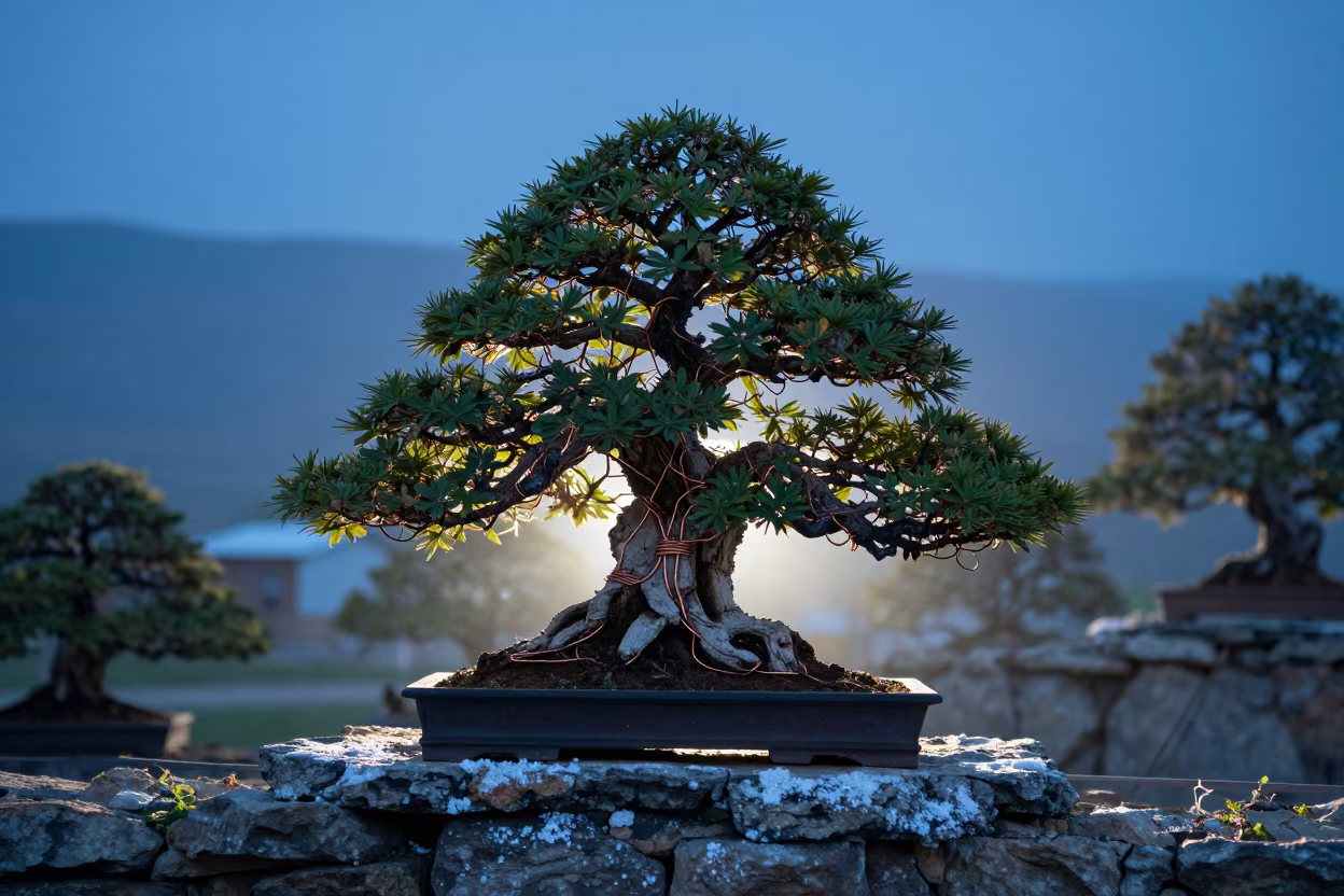 Bonsai Master Wiring Juniper on Kyrgyz Cliff in along a salt-sprayed cliff edge in Kyrgyzstan