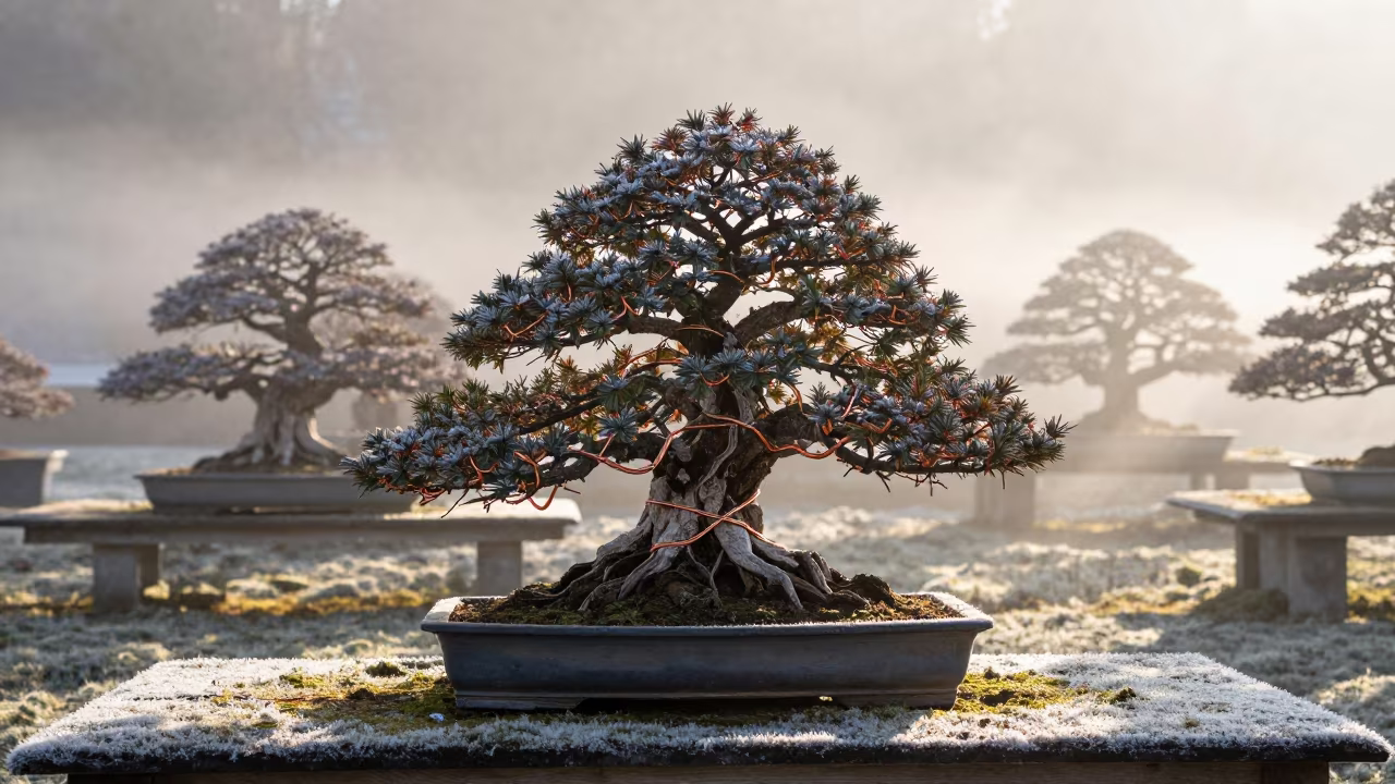 Bonsai Master Wiring Winter Juniper at Dawn in among terraced garden plots in Austria