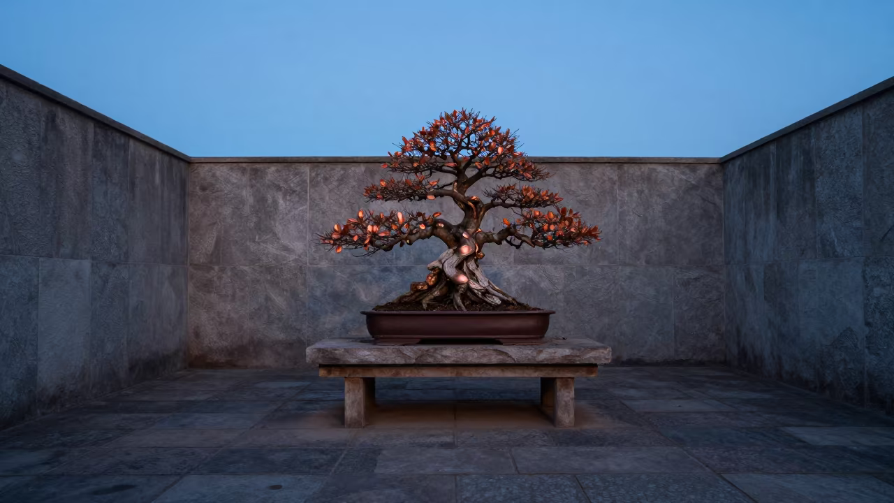 Bonsai Tree in Angola Temple Garden Dusk in in a cloister garden in Angola