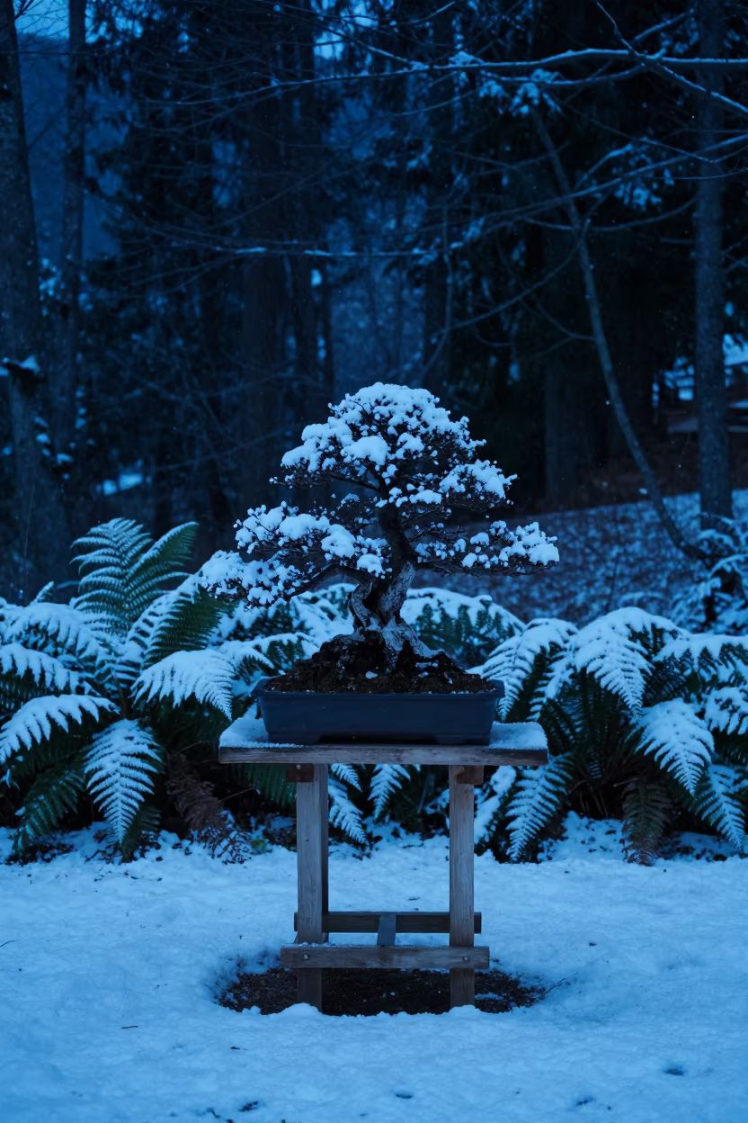 Bonsai Tree on Stand in Swiss Forest Twilight in on a fern-lined forest floor in Switzerland