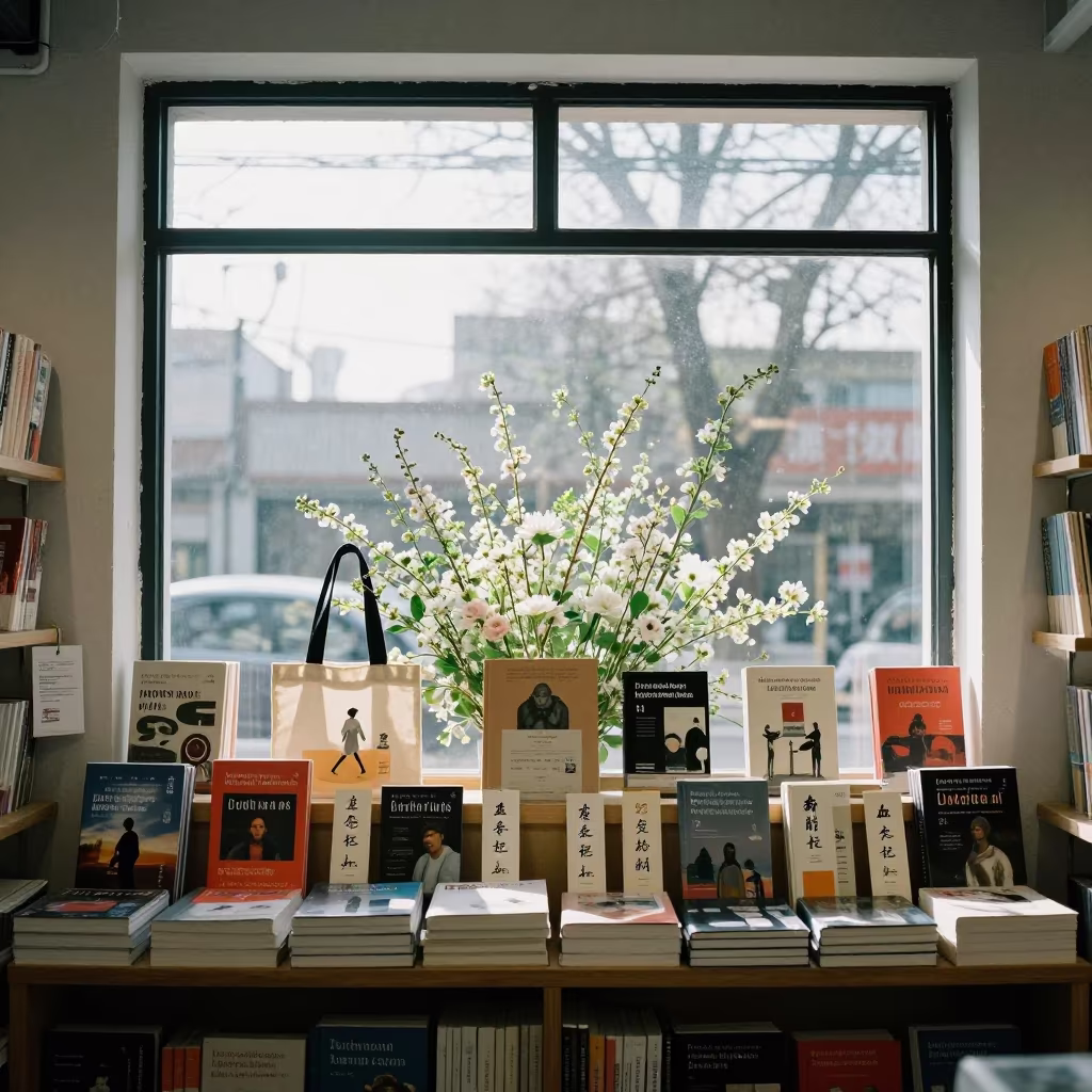Book Launch Endcap in Jinan Store with Signed Items in beside a seasonal endcap near the sales floor in Jinan