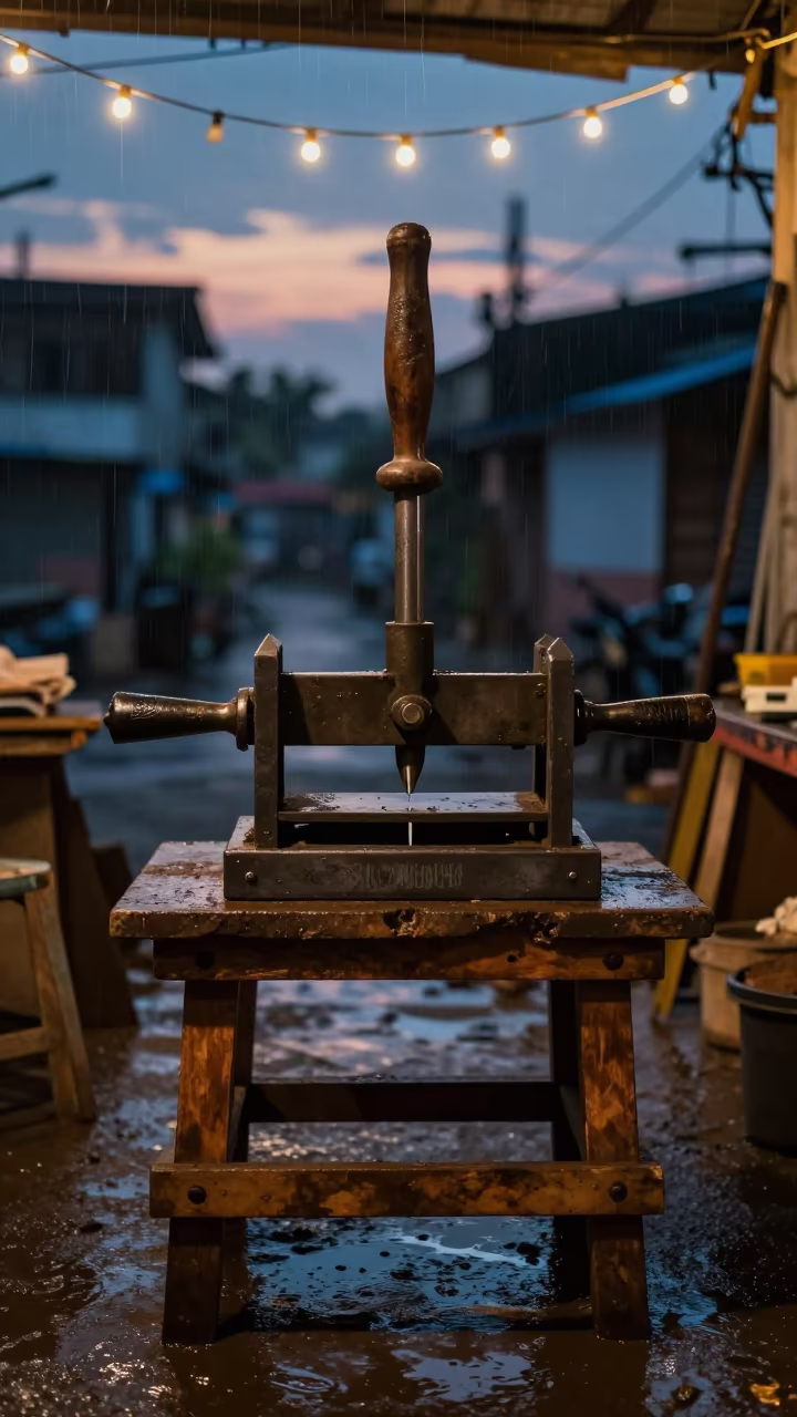 Book Press on Kumartuli Bench in Indigo Twilight in on a workshop shelf in Kumartuli, Kolkata