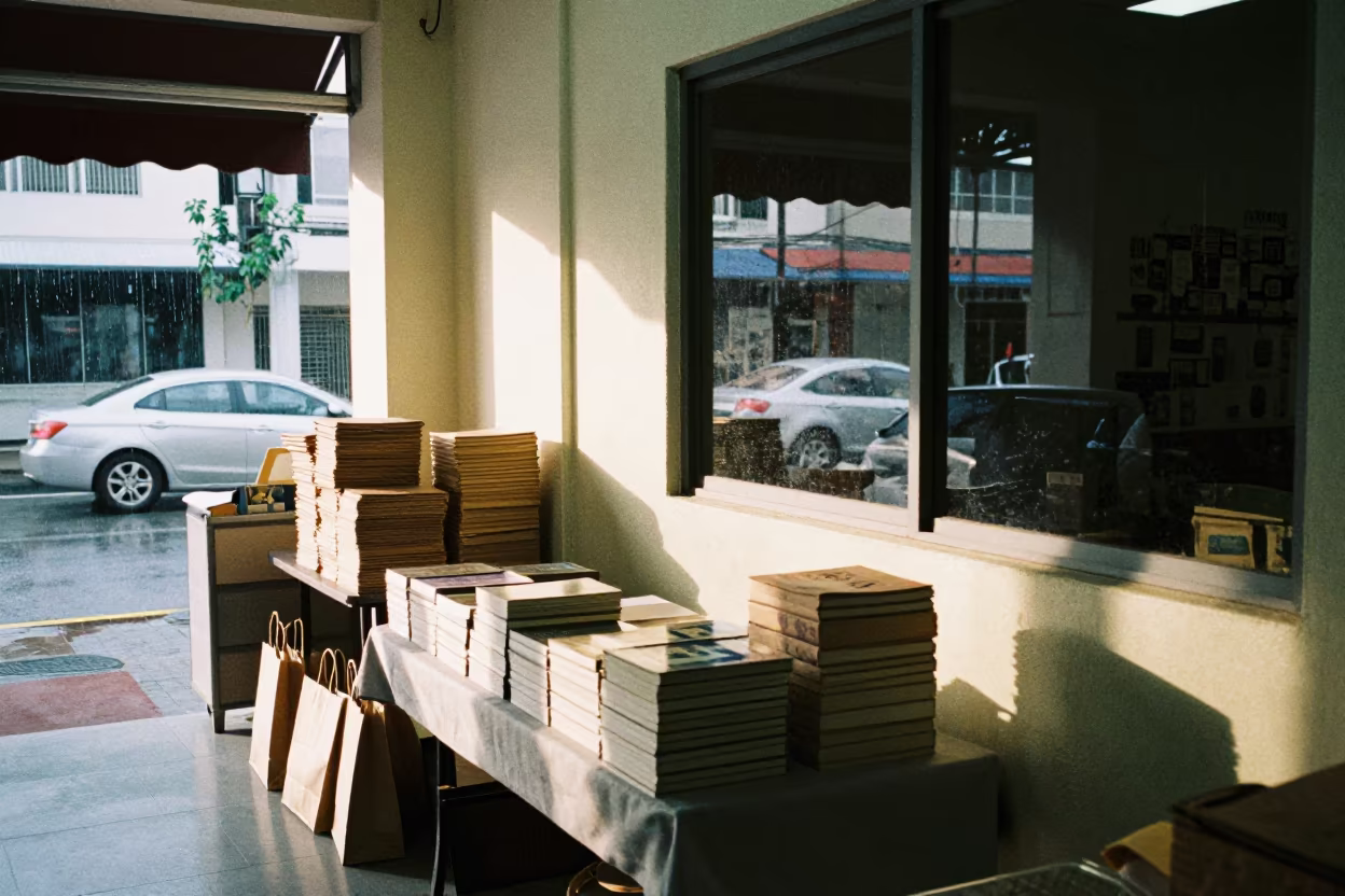 Book Signing Table Near Entry Awning in Cebu in at a cash wrap counter with bags stacked nearby near Cebu