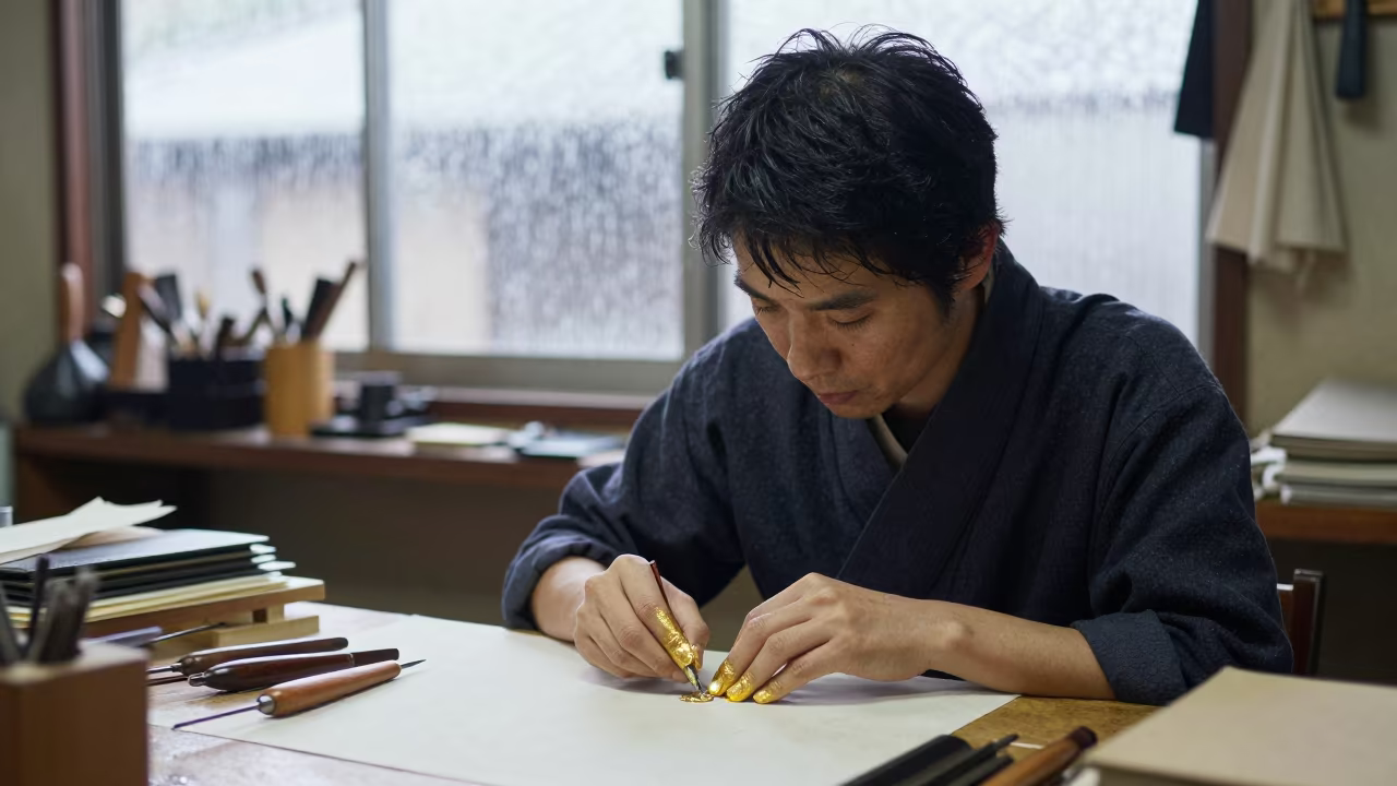 Bookbinder Apprentice with Gold Leaf in Nara Shop in in a modest tailor's shop in Nara