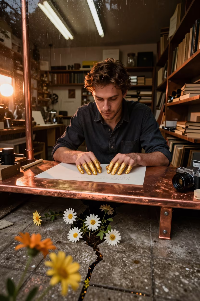 Bookbinder Apprentice Gold Leaf Surreal Portrait in in a modest tailor's shop in Warnes