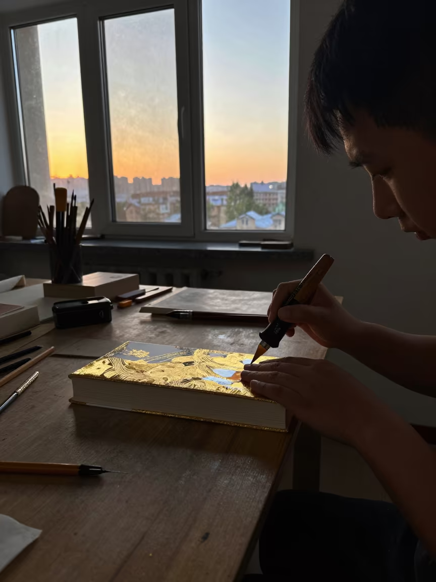 Bookbinder Gilding Spine in Changchun Evening in in a rehearsal room in Changchun