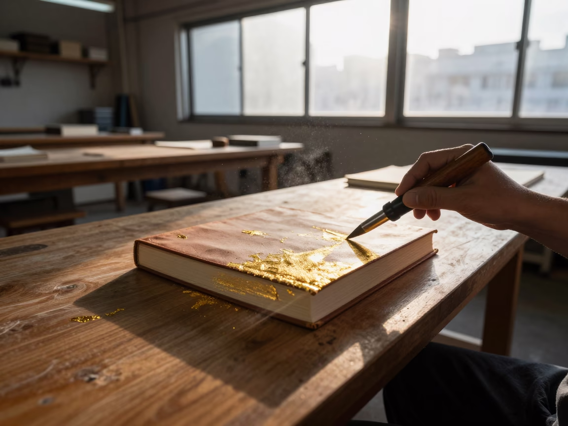 Bookbinder Gilding Spine in Dotonbori Dawn in in a studio in Dotonbori, Osaka