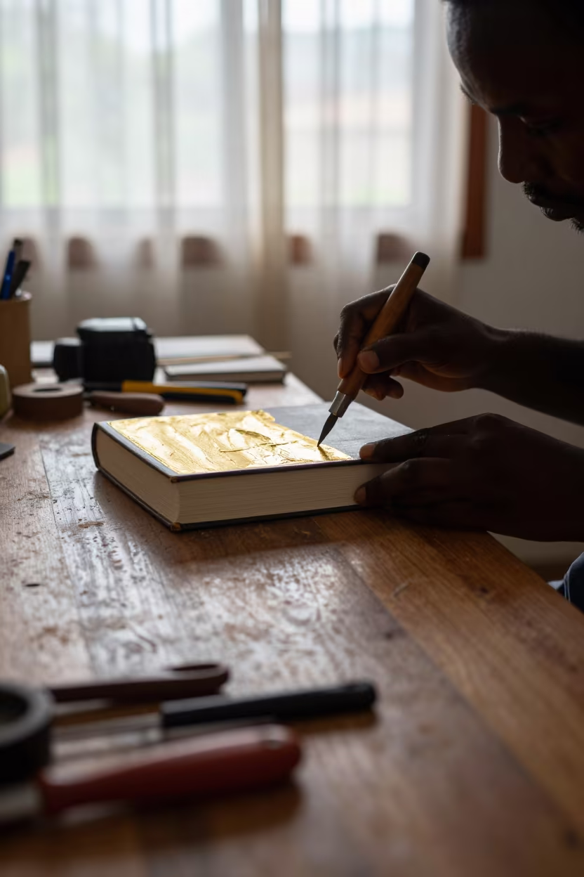Bookbinder Gilding Spine Gold Leaf Monsoon Light in in a rehearsal room in Malanje