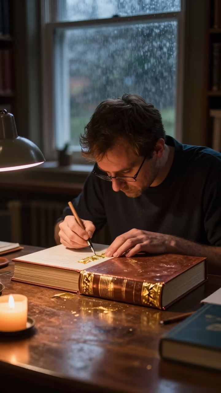 Bookbinder Gilding Spine in Ibb Library in in a library reading room in Ibb