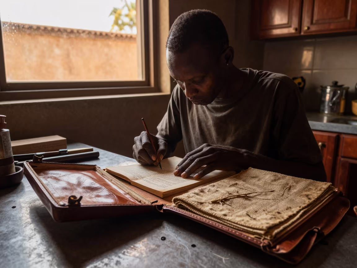 Bookbinder in Okene Kitchen Before Dusk in in a kitchen in Okene