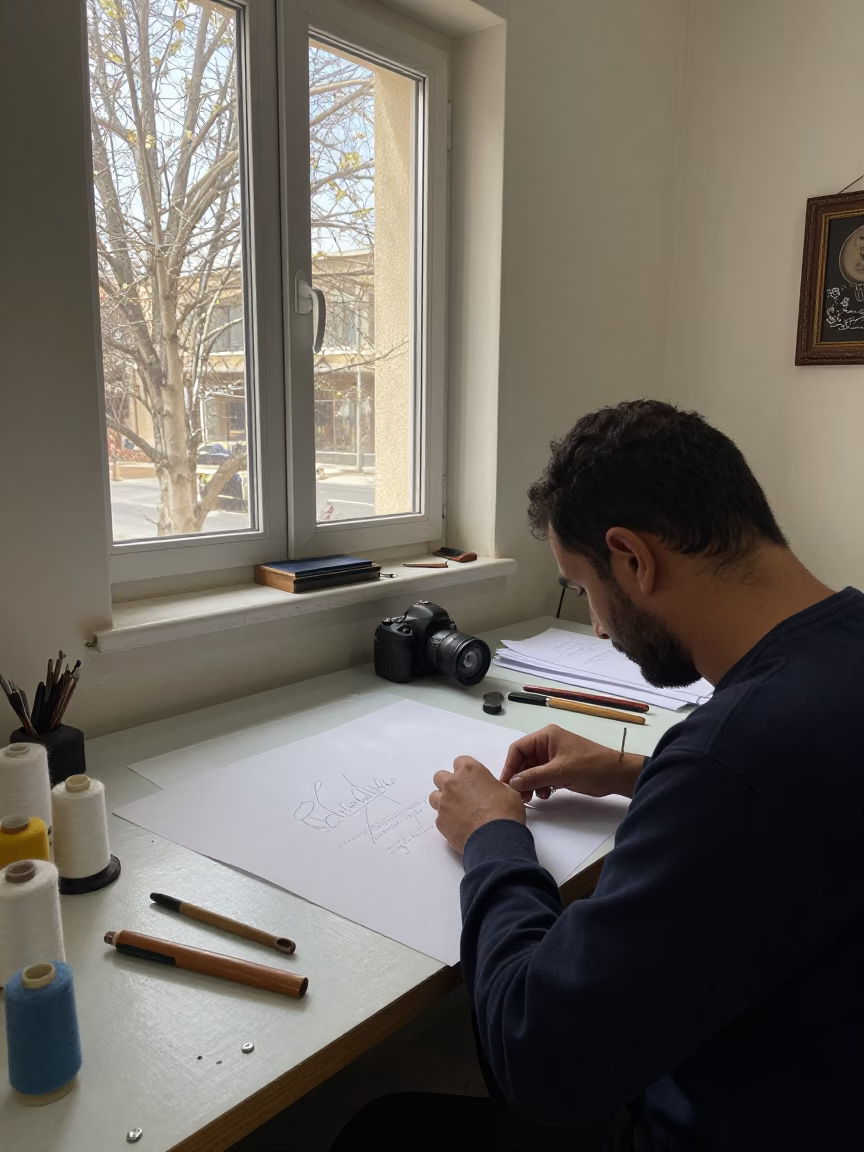 Bookbinder Sewing Signatures in Kuwait Studio in in a studio in Kuwait City