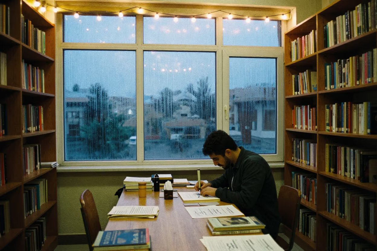 Bookbinder Sewing Signatures in Sulaymaniyah Library in in a library reading room in Sulaymaniyah