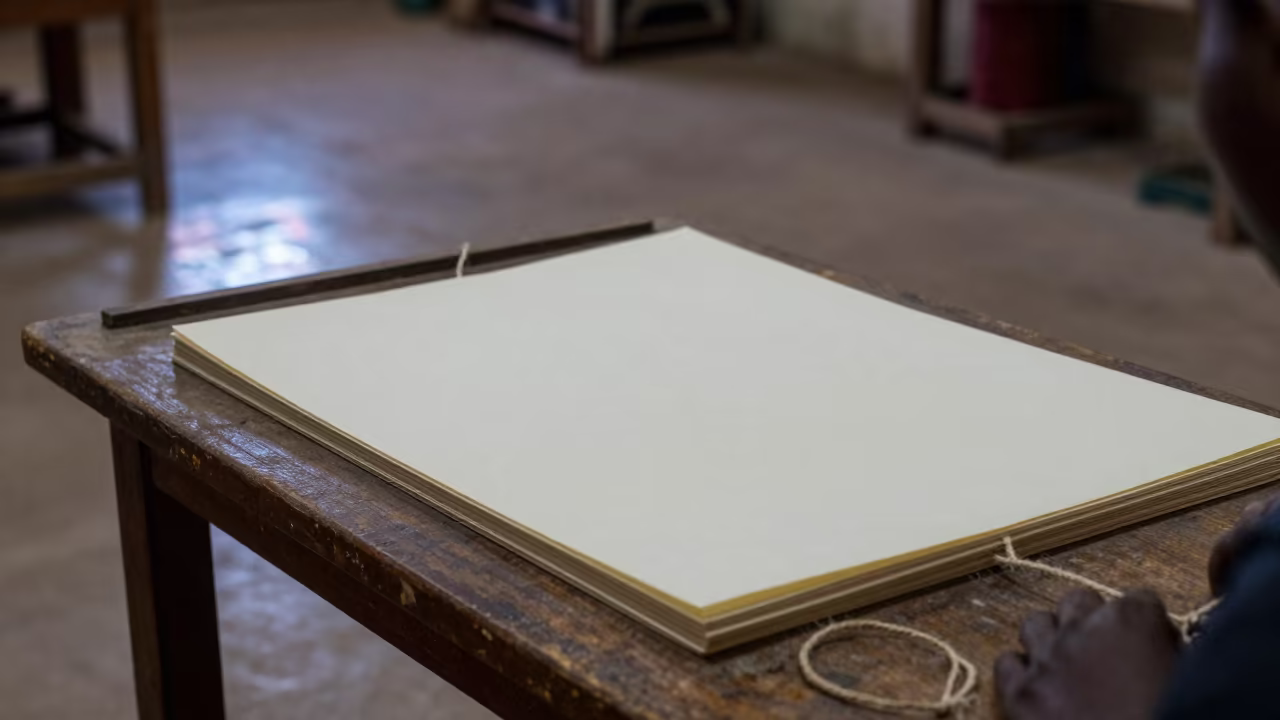 Bookbinder Stitching Pages in Hargeisa Atelier in in an atelier in Hargeisa