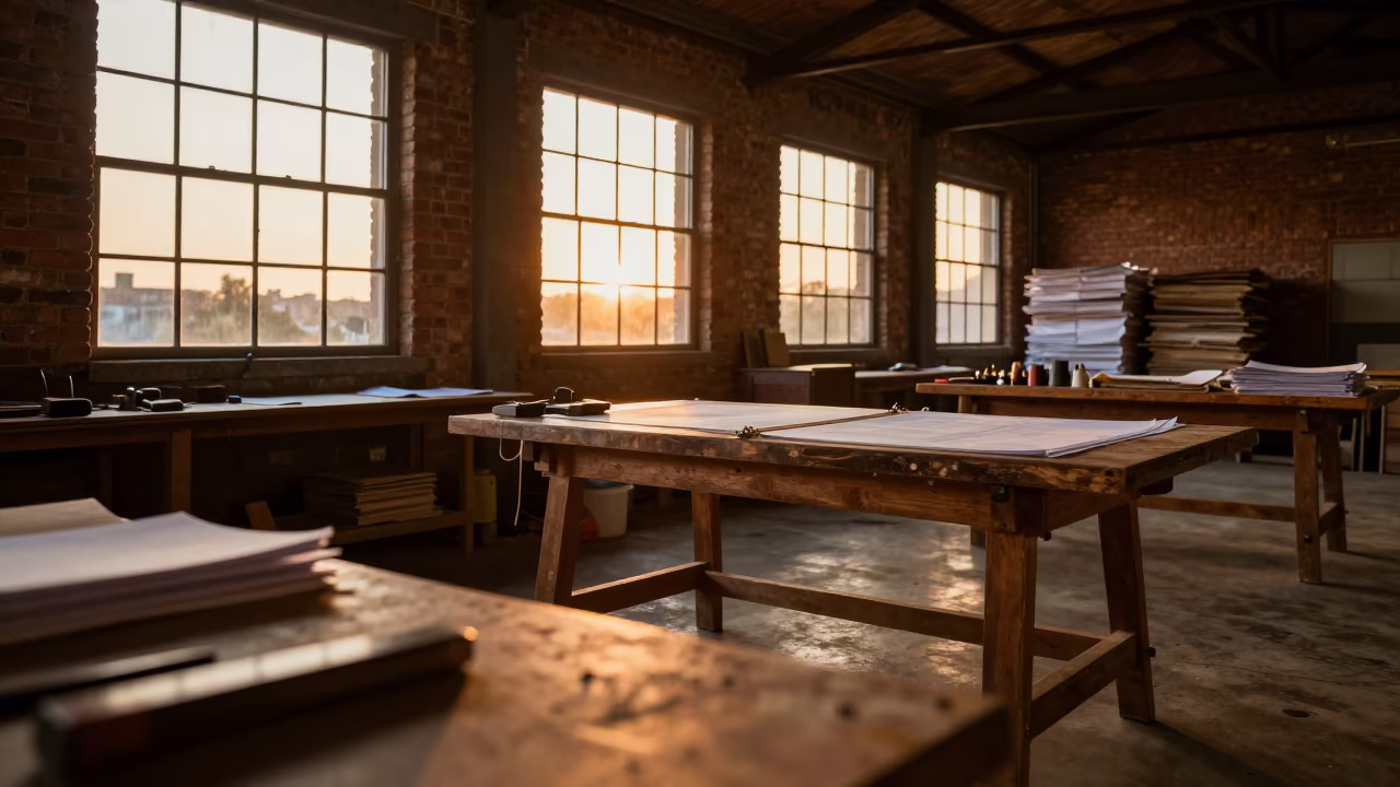 Bookbinder Stitching Pages in Lusaka Loft in in a warehouse loft in Lusaka