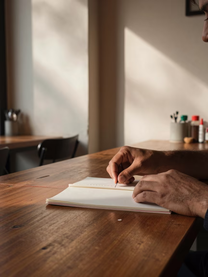 Bookbinder Stitching Pages in Prayagraj Cafe in in a cafe in Prayagraj