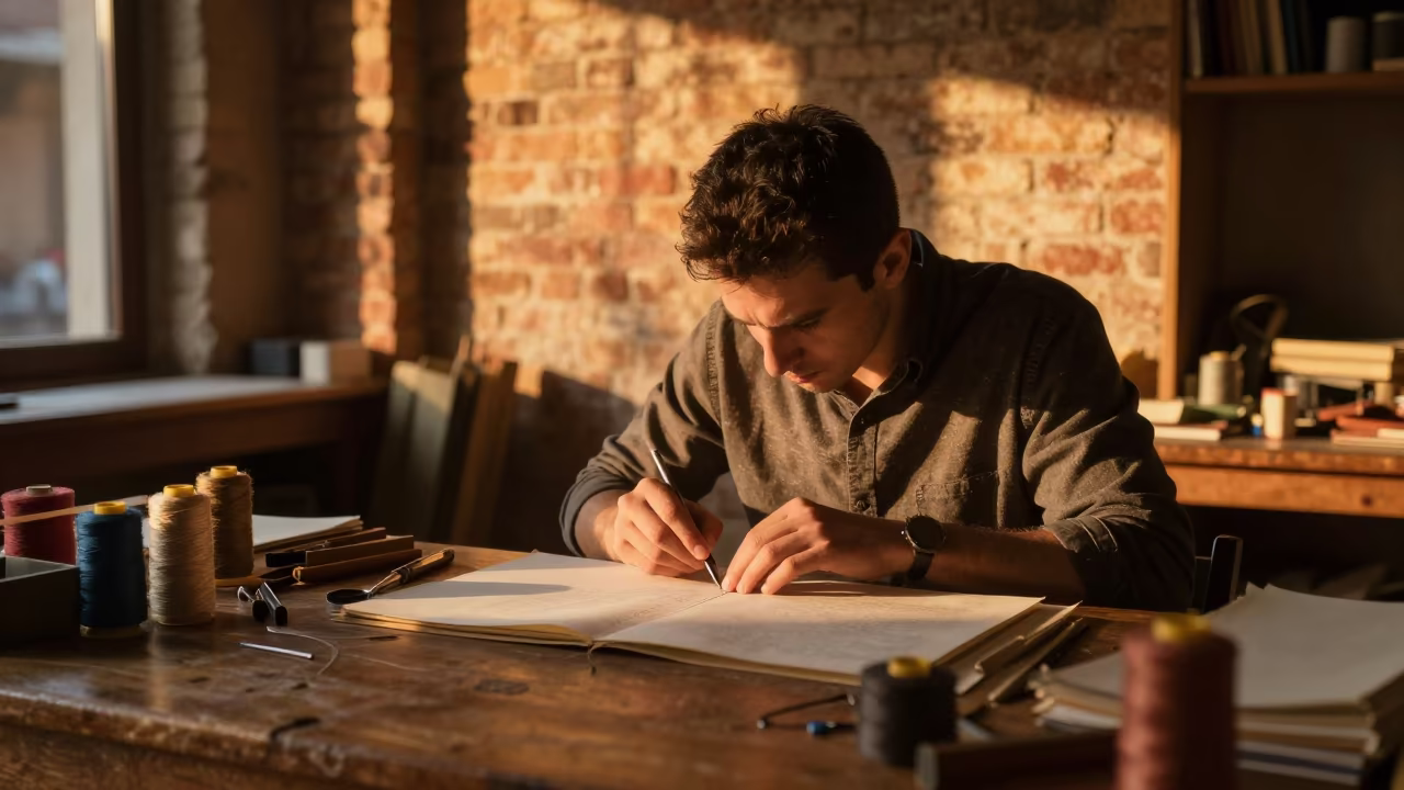 Bookbinder Stitching Pages in Sunset Light in in a market hall in İnegöl