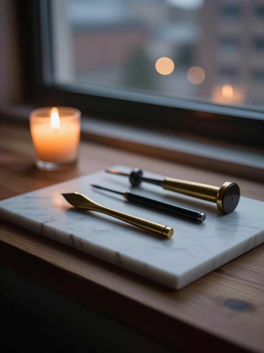Bookbinding Tools on Marble in Candlelight in on a wooden workbench in Edmonton