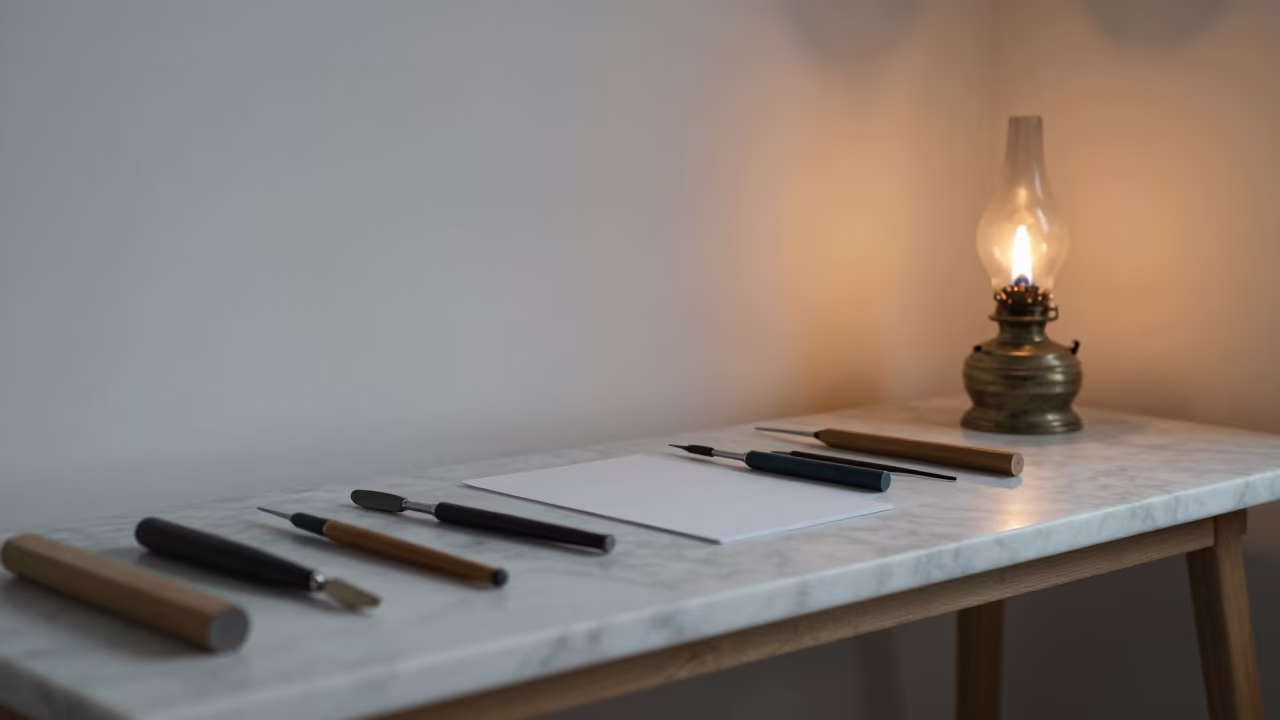 Bookbinding Tools on Marble in Chaman Dawn in on a workshop shelf in Chaman