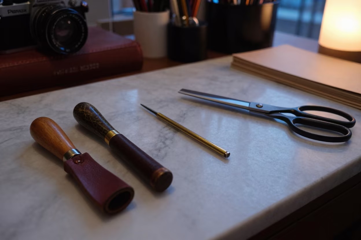 Bookbinding Tools on Marble Desk in Toronto in on a writing desk in Little Italy, Toronto