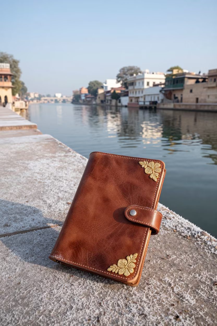 Bookmaker Gilding Leather by Jaipur Canal in beside a canal in Jaipur