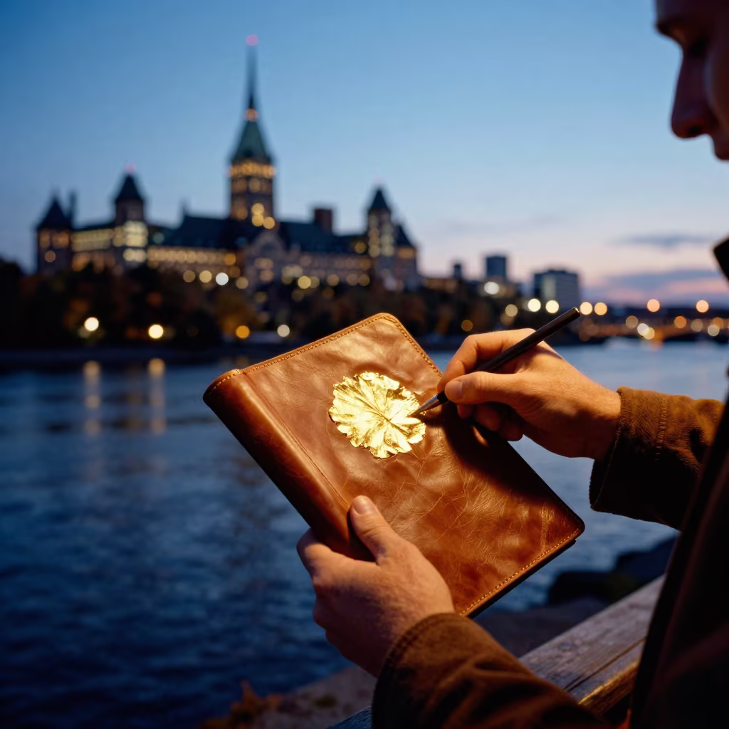 Bookmaker Gilding Leather Near Ottawa River at Dusk in near a riverside landing in Ottawa
